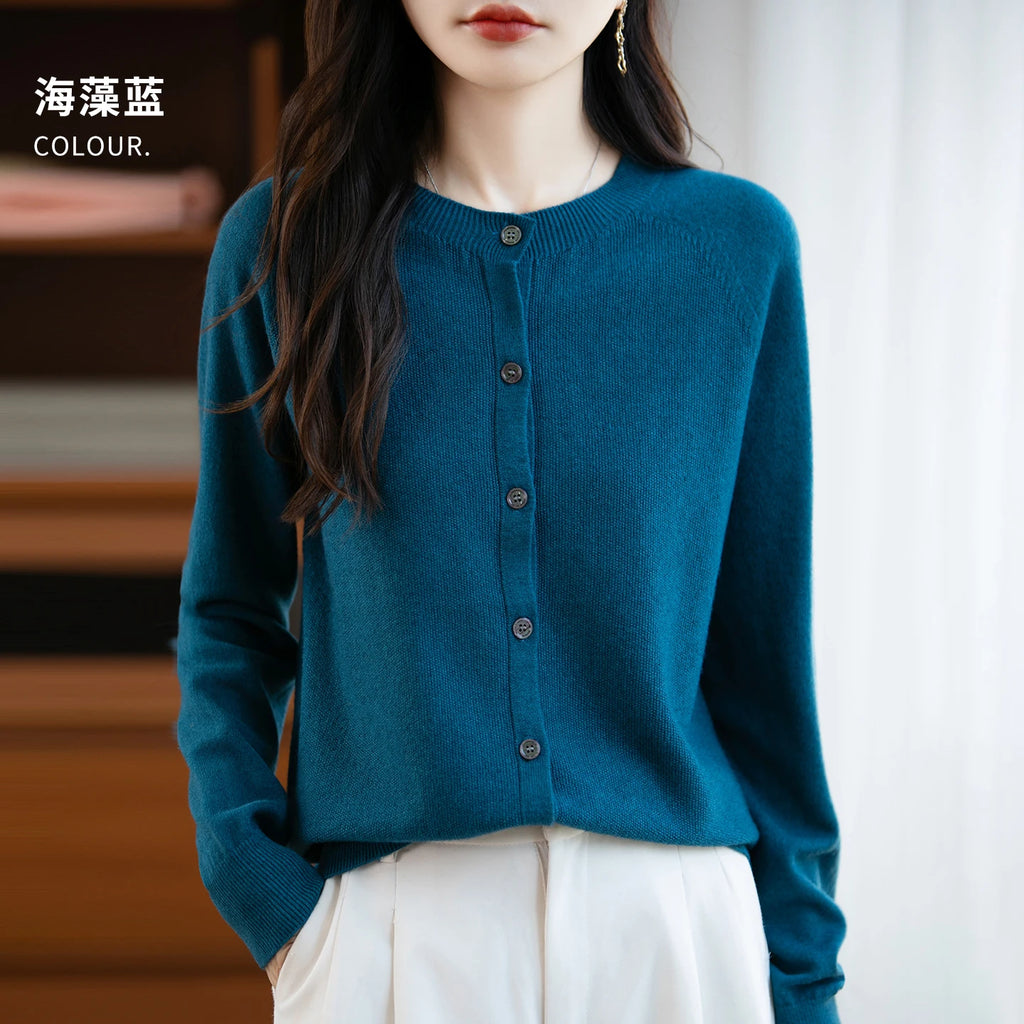 Classic Merino Wool Woman Sweater Basic Female Autumn Winter Knitted Cardigan Elegant Ladies Cashmere Long Sleeve Clothing Tops