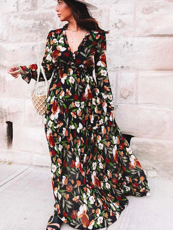 Elegant Floral Print Women Summer Casual Ruffle Layered Long Sleeved V-neck A Line Long Maxi Party Loose Boho Dresses