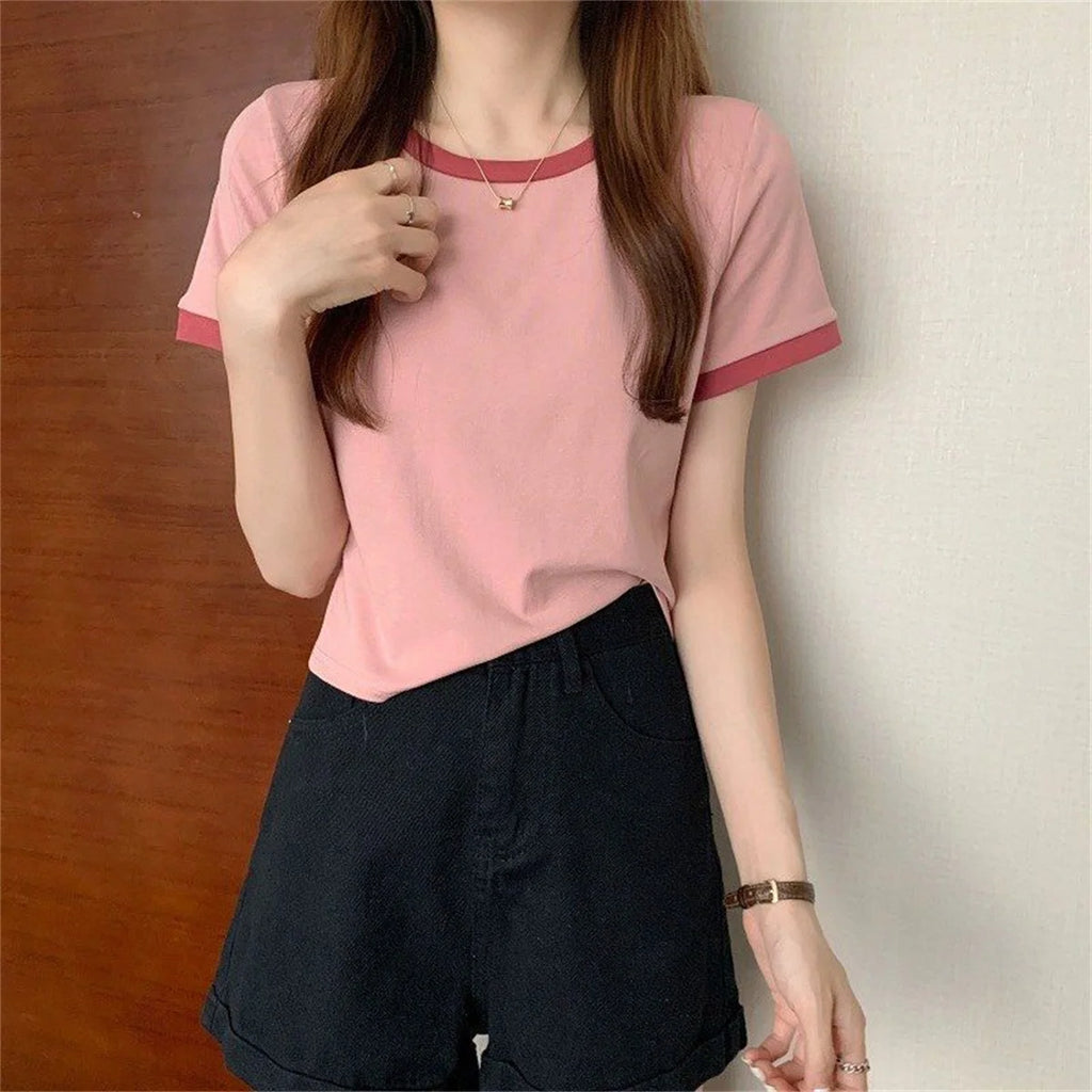 Fashion Patchwork T-shirts Women Basic Tee Casual Oversized Tops Quality Unisex Short Tshirts Tees Girl Summer Clothing Tops