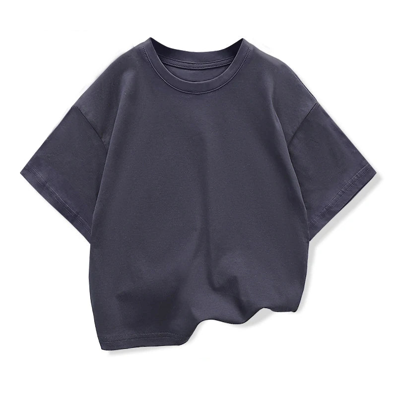 Kids Dropped Shoulder Short-sleeved T-shirt Summer New Pure Cotton Round Neck Loose Bottoming Shirt Student Sportswear 2-10Y