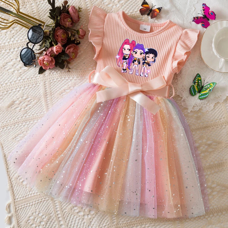 K-Pop Hunters Zoey Mira Rumi Girls Flying Sleeves Bow Sequin Dress Kids Baby Girl Birthday Party Fluffy Tutu Princess Dress 1-5Y