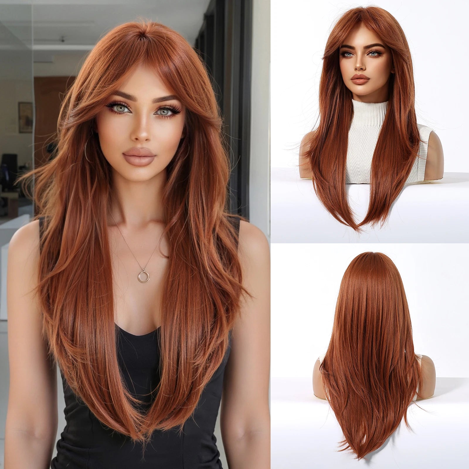 ALAN EATON Long Brown Highlight Synthetic Wigs Layered Straight Hair Wig Realistic Fake Hair for Daily Wear High Temperature Wig