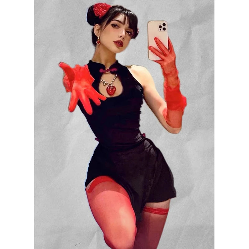 New Year Bar DS Performance Costume Sexy Gogo Leader Outfit Retro Red Black Splittytying Flag Robe Women's Stage Costume