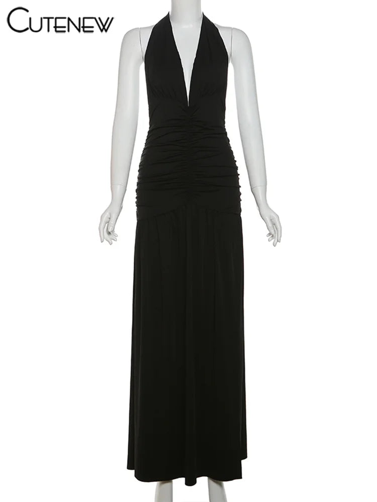 Nibber Elegant Women Long Dresses Solid Hipster Halter V-neck Backless Shirring Side Split Vestidos Female High Street New Robe