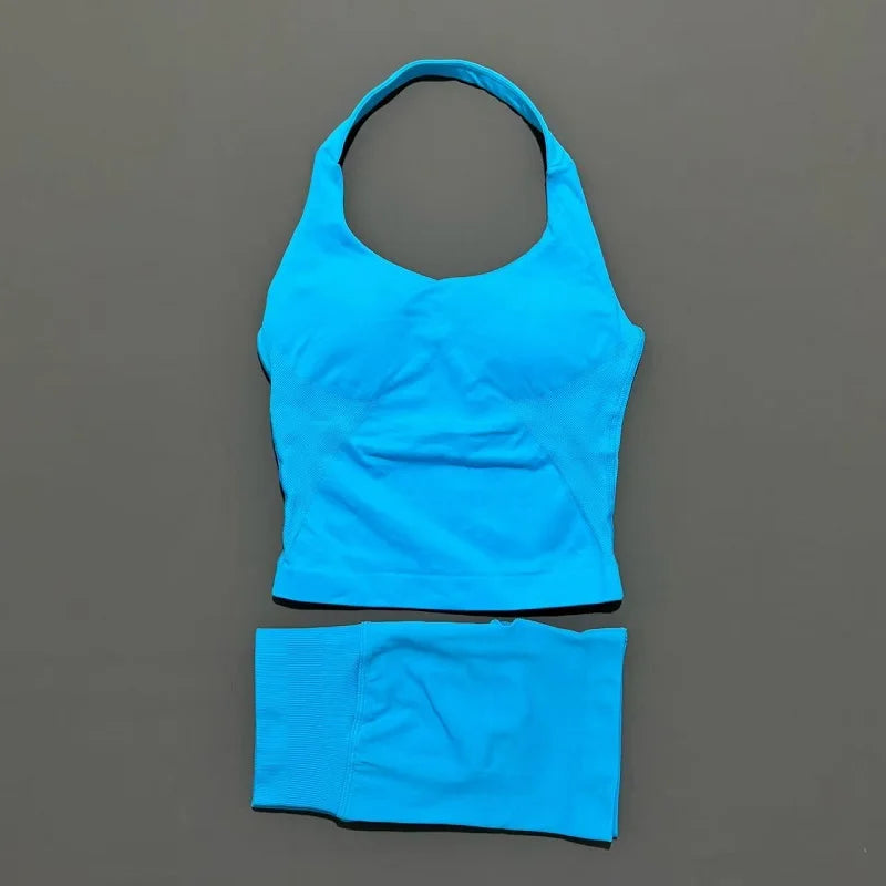 2 Peice Histello Sports Set Women Seamless Halter Top Longline Strappy Padded Scrunch Shorts Set Yoga Suit Gym Workout Sets