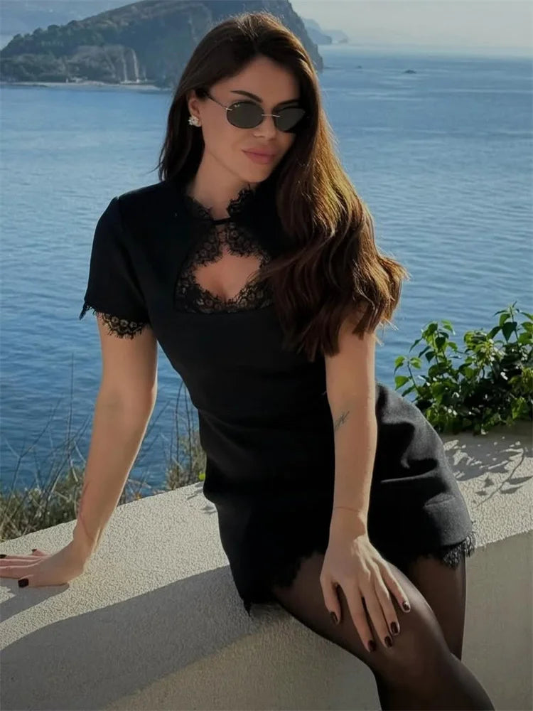 Tossy Black Lace Hollow Out Mini Dress Female Patchwork Short Sleeve Sexy High Waist Party Dress Women's Casual Printed Dress