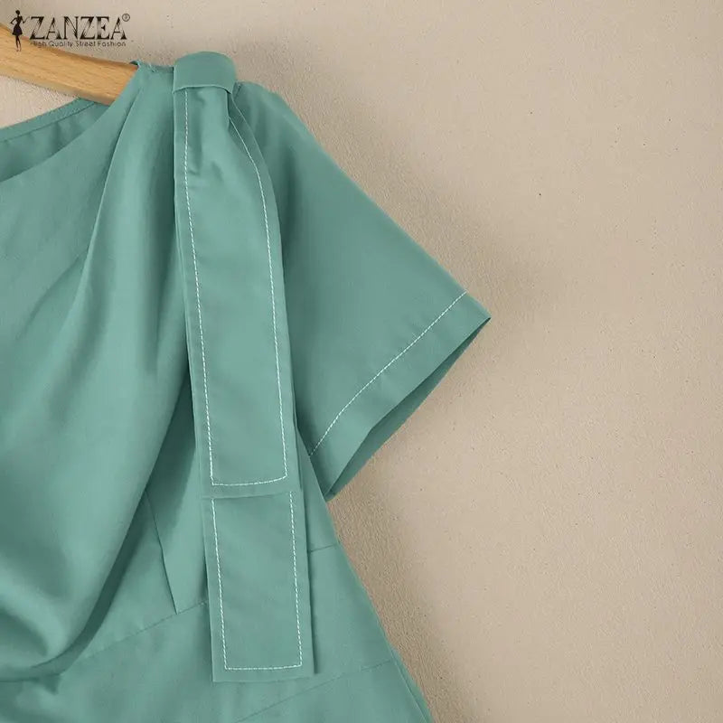 ZANZEA Elegant Women OL Work Dresses 2026 Summer Short Sleeve Solid Knee Length Dress Robe Stylish A Line Waisted Party Vestidos