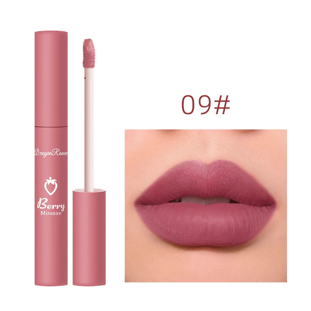 Dragon Ranee 12 Color Matte Lip Gloss Velvet Texture Waterproof Moisturize Lip Gloss Lasting Non-stick Cup Fashion Cosmetics 5ml