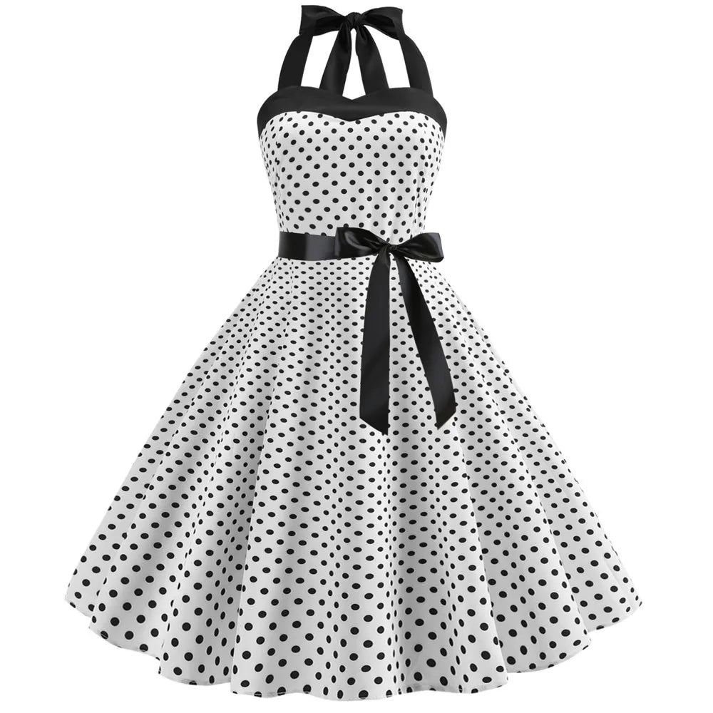Elegant Women Pink Polka Dot Dress Summer Robe Hepburn 1950s 60s Vintage Sexy Halter Rockabilly Retro Party Dresses 2026 Vestido