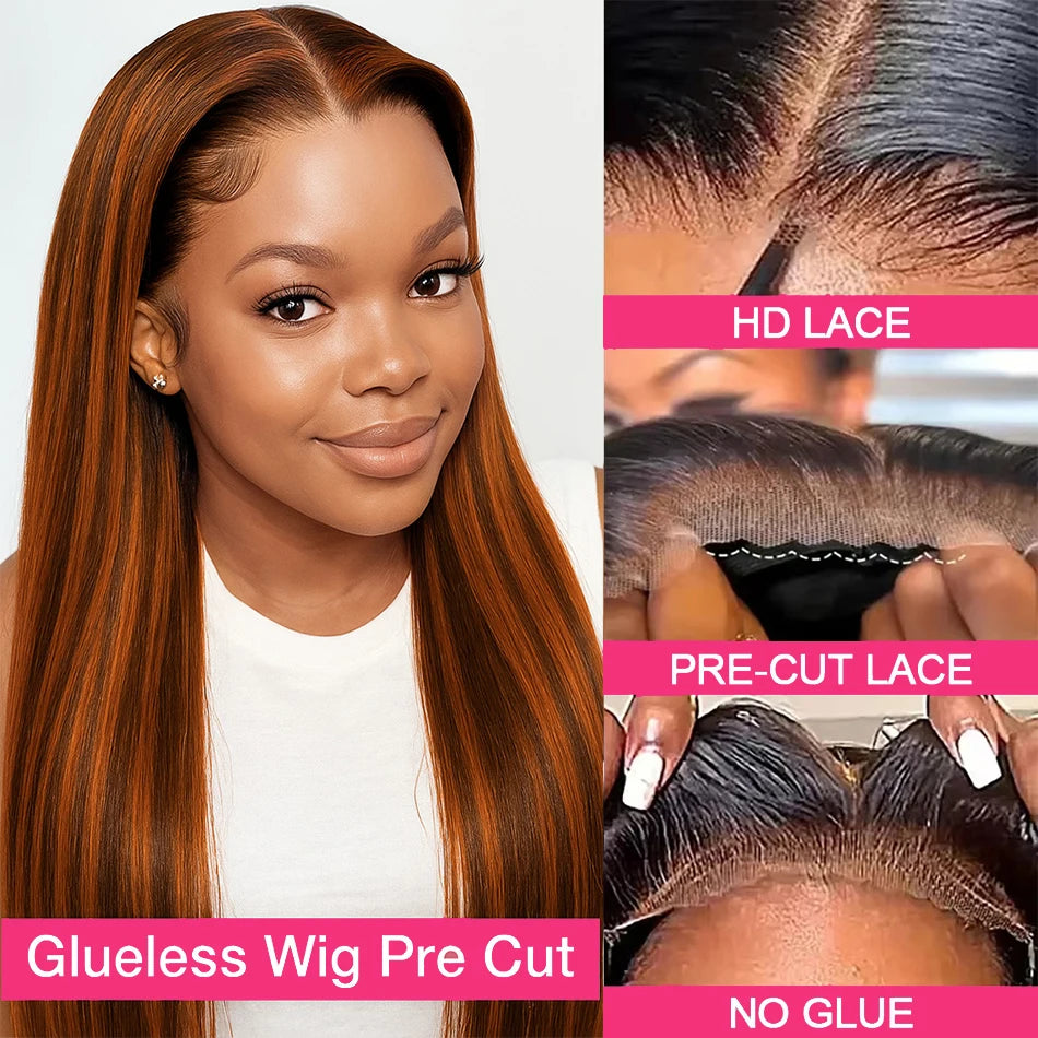 Brown Ginger Highlight Wigs Human Hair Bone Straight 5x5 Lace Frontal Glueless Pre Cut Ombre Ginger Colored Hair Wigs For Women
