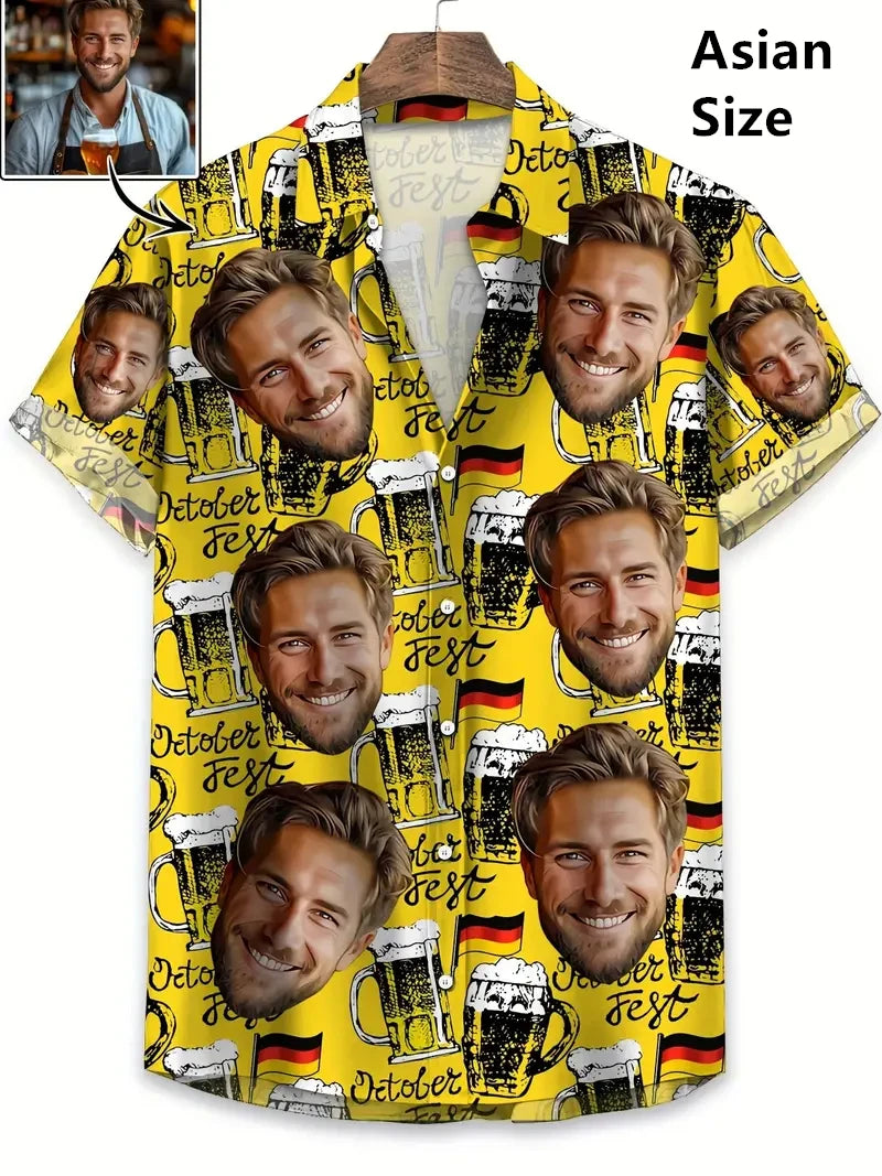 Face Photo Beer Shirts For Men Clothing Custom 3D Print Hawaii Beach Shirt Y2k Top 90s Vintage Clothes Lapel Short Sleeve Blouse