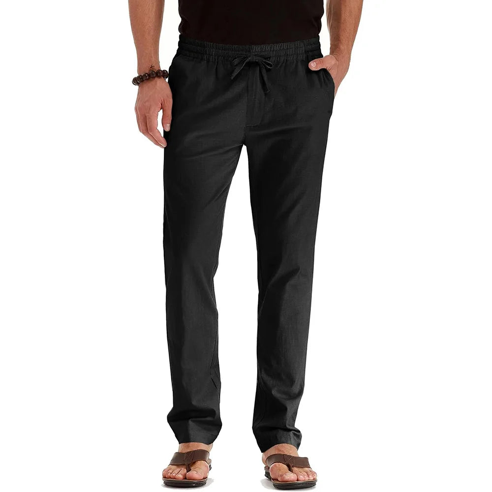 Men's Spring Summer New Cotton Linen Long Pants Vacation Hawaii Casual Trouser Straight Leg Lightweight Sweatpants