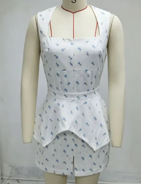 Elegant Floral Printed Mini Dress With Belt Women Square Neck Sleeveless Slim Summer Dresses Lady New Casual Daily Robe 2026