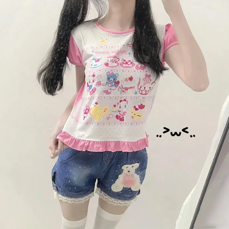 Japanese Girl Woman Clothing Cute Printed Short T-shirts Female Summer Colorful Short Tops Kawaii Pulover Youthful y2k Clothes