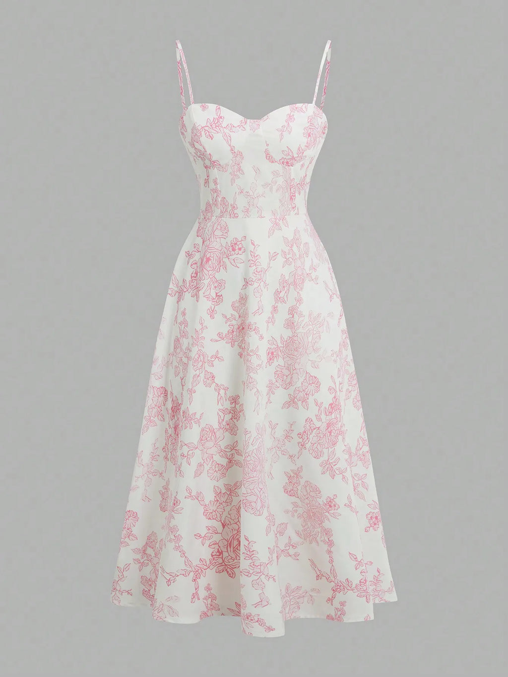 Elegant Pink Floral Print Dress with Thin Straps and a Flared Waist