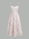 Elegant Pink Floral Print Dress with Thin Straps and a Flared Waist
