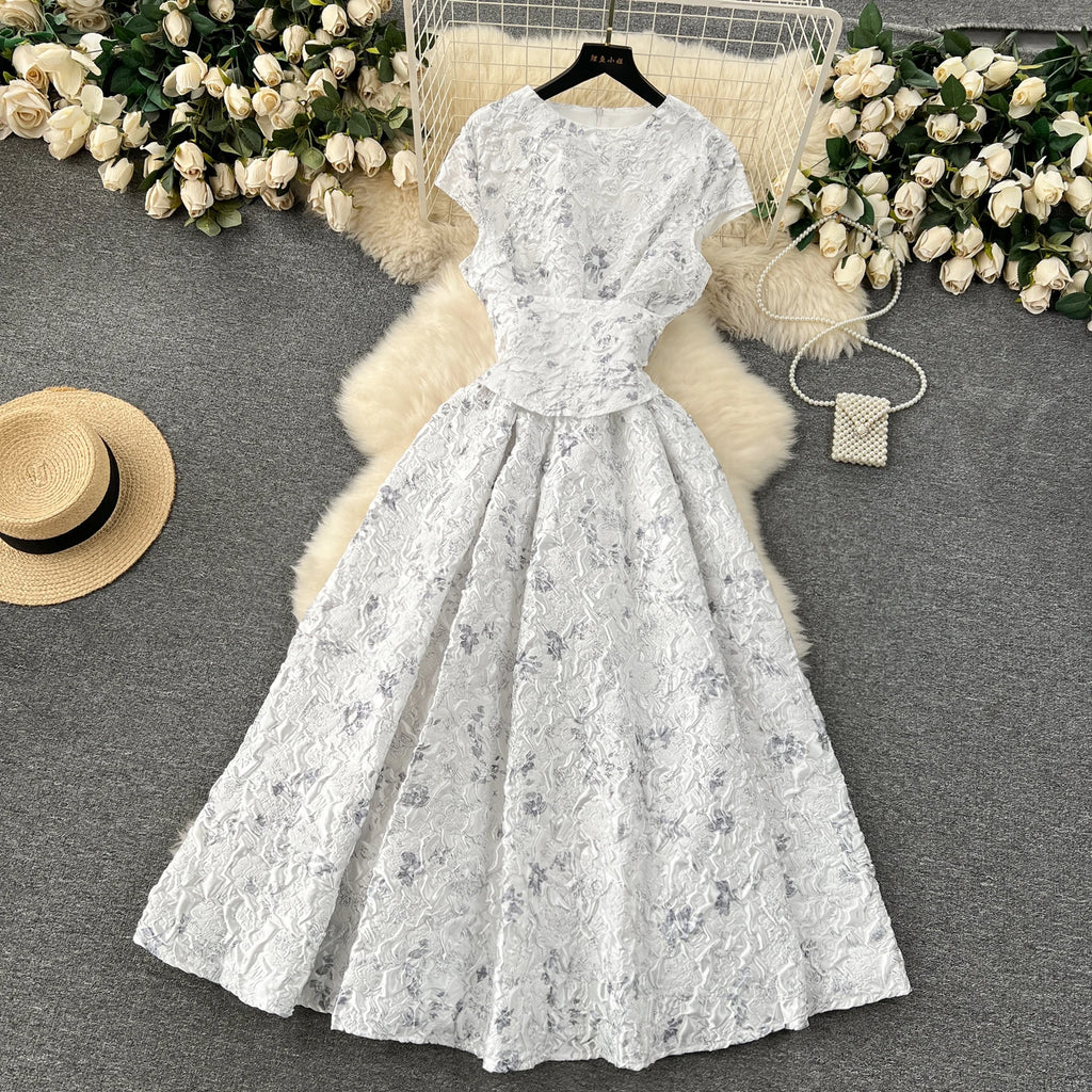 Court Style Elegant Long Dresses for Women Jacquard O-neck Short Sleeve A-line High Waist Vestidos Mujer Frenchic Dress Dropship