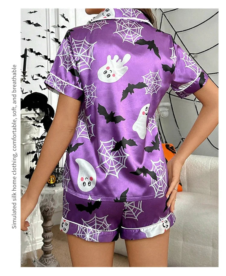 Women's Heart-shaped Print Satin Pajama Pj Set Soft & Comfortable Short Sleeve Buttons Lapel Tops & Shorts Sleepwear Loungewear