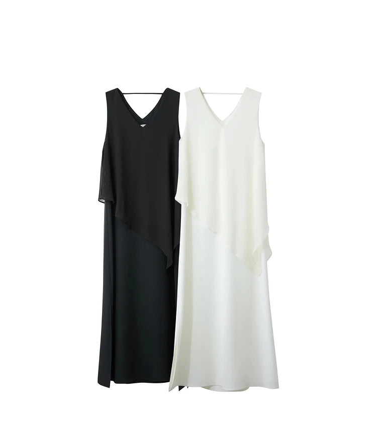 Amii Minimalism 2024 Women Dresses Summer New Vacation Style V-neck Spliced Chiffon Female Sleeveless Loose Dress 12452102