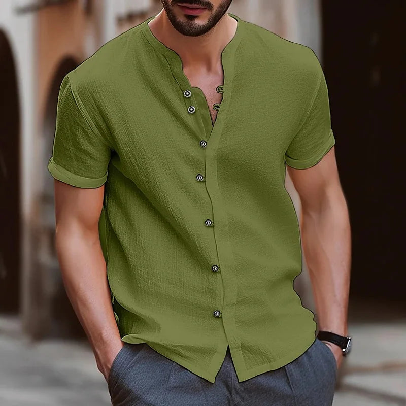 Men's Simple Texture Linen Round-neck Short-sleeve Button-down Solid-color Shirt, Comfortable and Casual Summer Daily Top