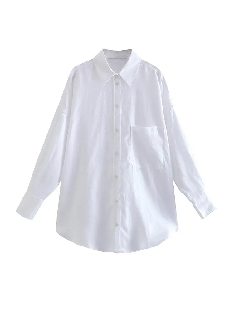 Women Fashion With Pocket Oversized Shirts Vintage Long Sleeve Button-up Female Blouses Blusas Chic Tops