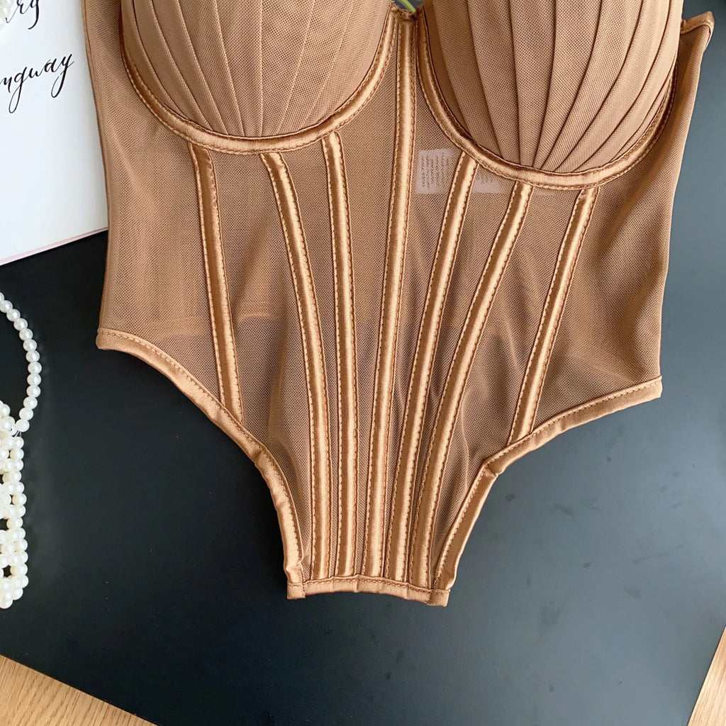 SINGREINY Fashion Solid Corset Lingerie Top Ladies Strap Sheer Mesh Slim Camisole American Retro Backless Beach Sexy Tank Top