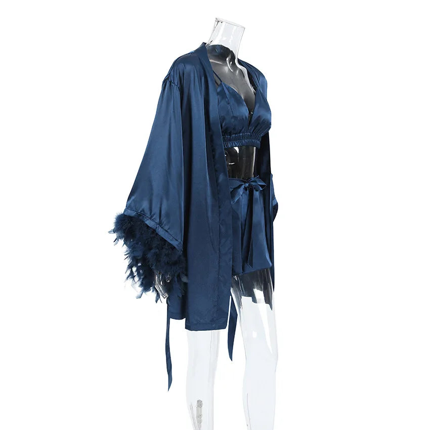 Shorts Nightgown Three-piece Set, Imitation Silk, Loungewear, Feather Pajamas