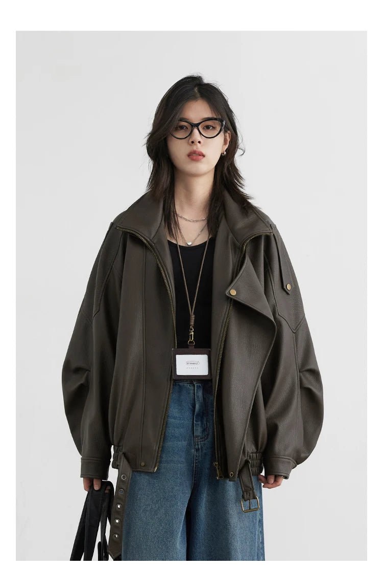 CHIC VEN Woman PU Jacket Solid Loose New Retro Standing Collar Motorcycle Faux Leather Coat Female Top Spring Autumn 2026