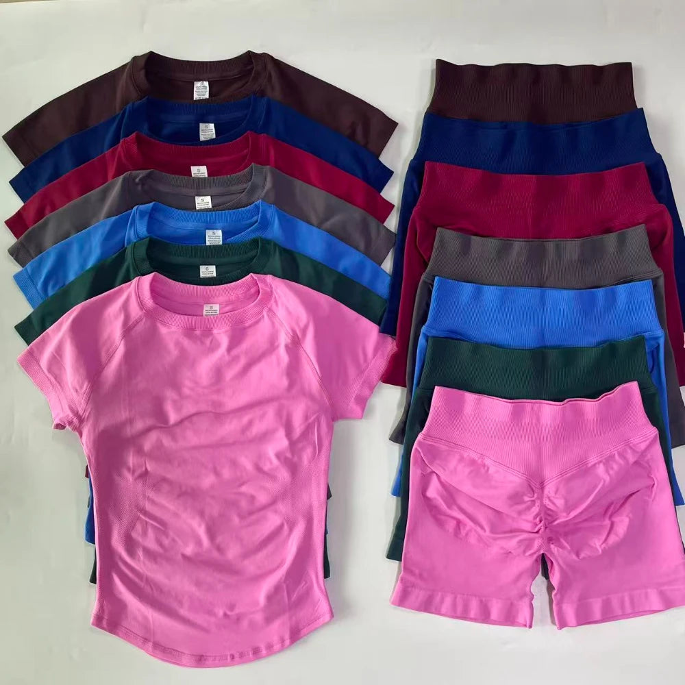 2 Piece Sets Women Outfit Longline Short Sleeve Gym Crop Top High Waist Workout Shorts Sports Suit Fitness Clothes Yoga Set