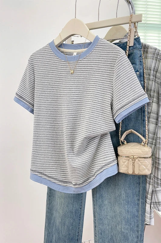 2026 New Women's Loose Fit Casual Stripe Short Sleeve T-Shirt Comfortable Breathable Cotton Polyester Blend Summer Top
