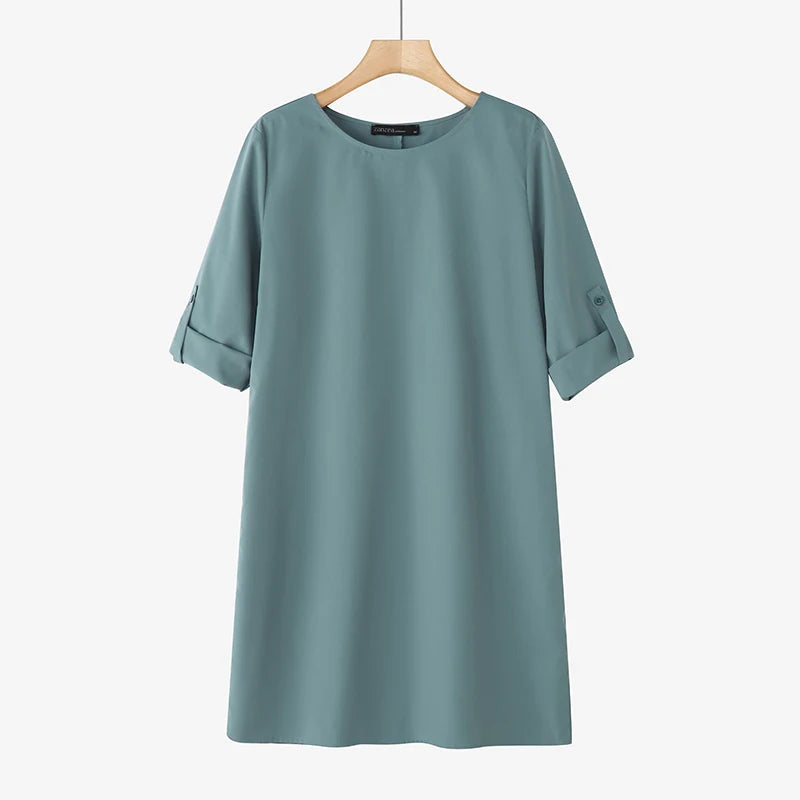 ZANZEA Elegant Women Party Dress 2026 Summer Fashion 3/4 Sleeve Casual Shirt Vestidos Pockets Loose Solid Knee-length Sundress