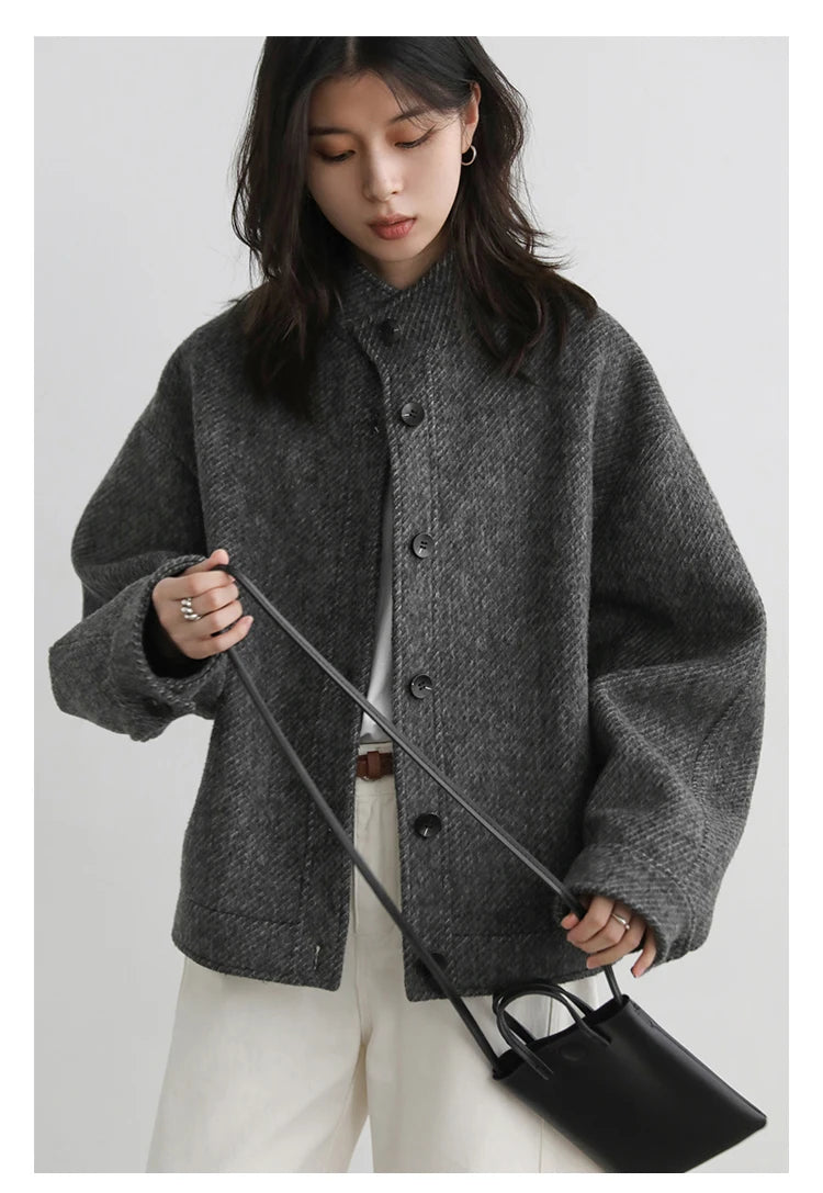CHIC VEN Women Short Woolen Coat New Stand Up Twill Texture Single Breasted Ladies Jacket Retro Woman Outwear Autumn Winter 2025