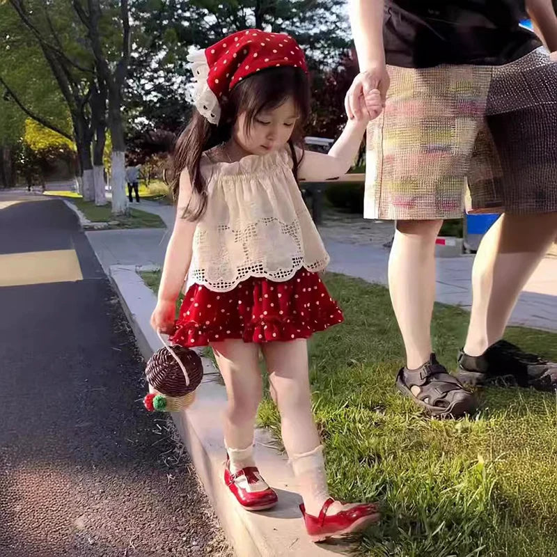 2026 New Strap Little Red Riding Hood Set Summer Cute Girl Hook Flower Western Style Tank Top Polka Pants Skirt Three Piece Set