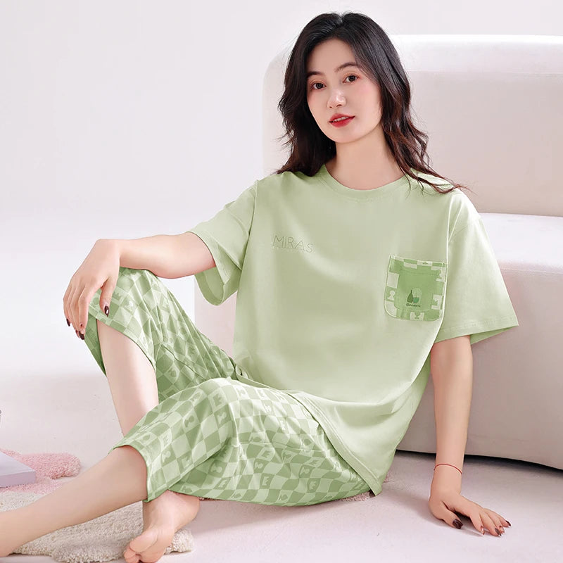 Newest Summer Casual Pajamas Set Women 100% Cotton Sleepwear Female Short Top+Calf-Length Pant Pyjamas