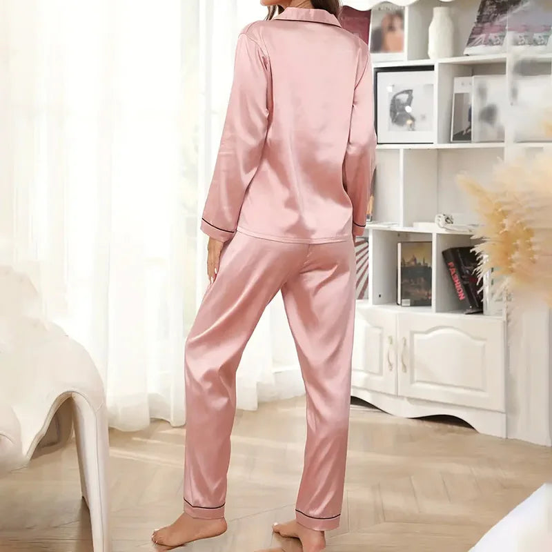 Women's Sleepwear Simple Satin Pajama Set Long Sleeve Buttons Lapel Top With Elastic Pants Loungewear Nightwear 2 Piece Nighty