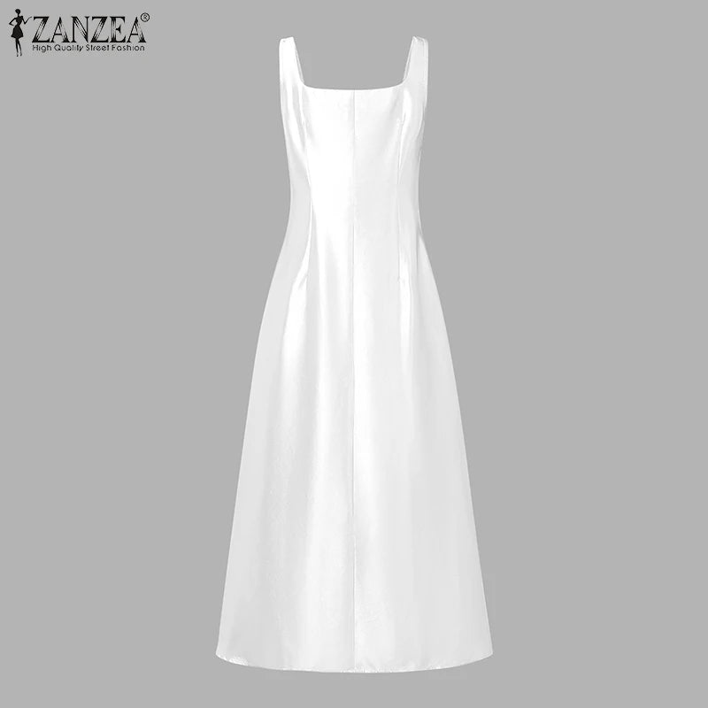 ZANZEA Women's Elegant White Satin Long Dresses Wedding Guest Cocktail Evening Party Dress Square Neck Sleeveless Robes Femme