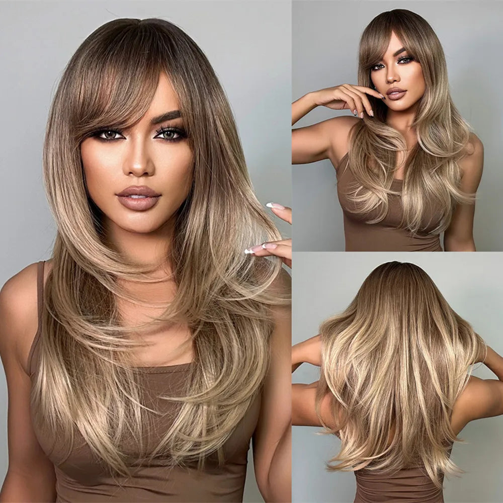 ALAN EATON Long Brown Highlight Synthetic Wigs Layered Straight Hair Wig Realistic Fake Hair for Daily Wear High Temperature Wig