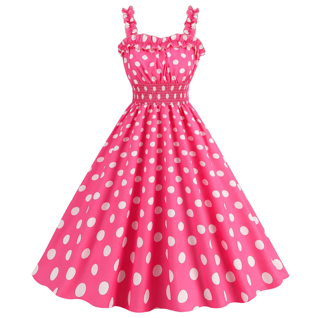 Elegant Women Pink Polka Dot Dress Summer Robe Hepburn 1950s 60s Vintage Sexy Halter Rockabilly Retro Party Dresses 2026 Vestido