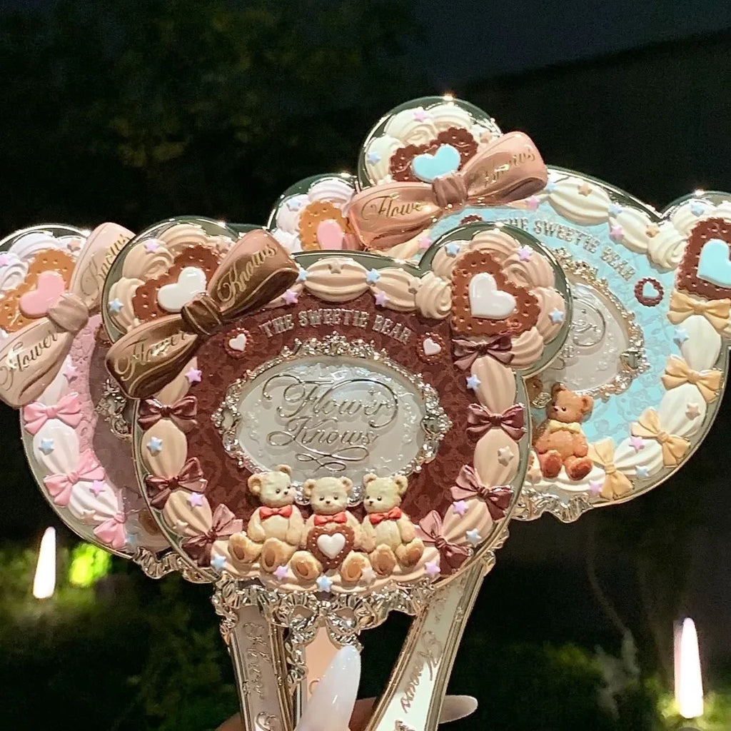 Flower Knows Sweetie Bear Collection Hand Holding Mirror 3 Types Exquisite Relief Makeup Tools Cute HD Makeup Mirror