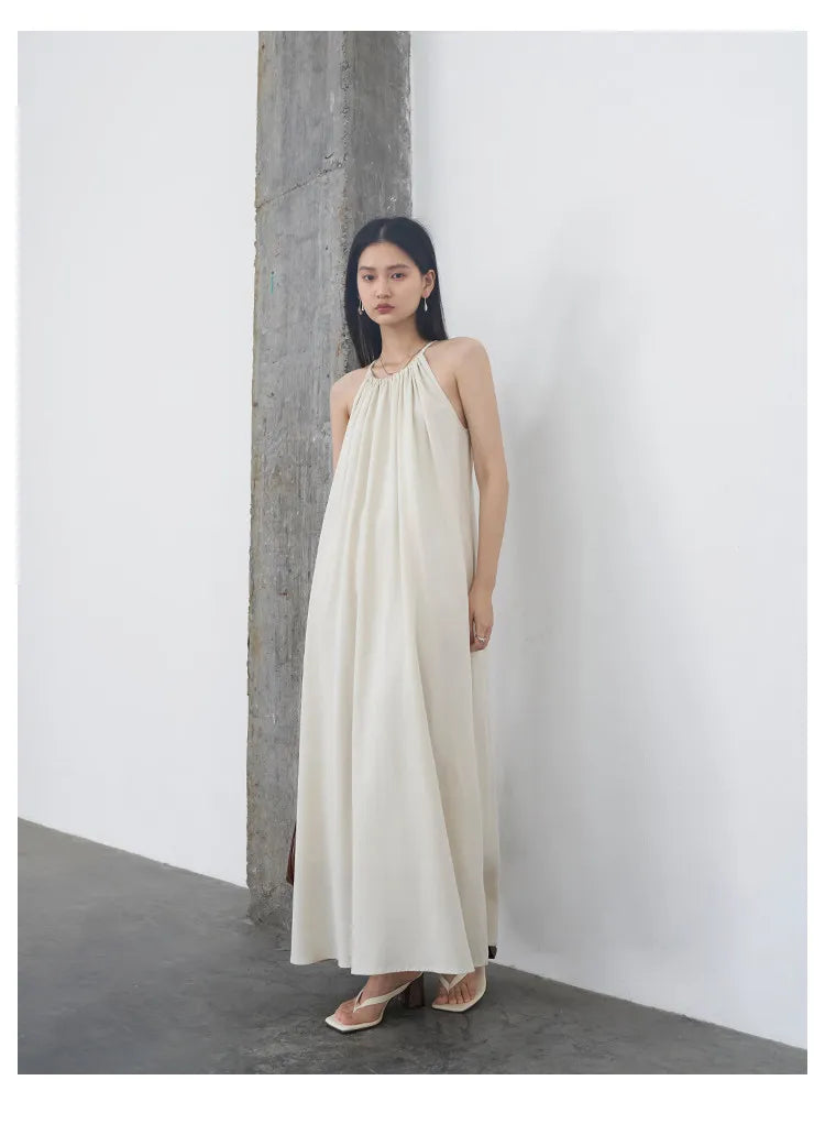 CHIC VEN Women Halter Dress A Line Solid Loose Casual Lace Up Black Sleeveless Holiday Female Long Dress Pullover Summer 2026