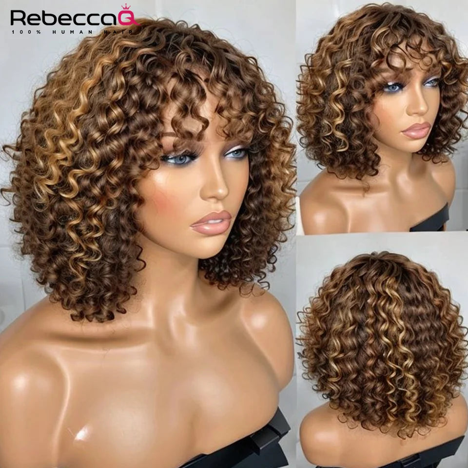 Short Curly Bob Wig With Bangs 100% Human Hair Wigs For Women Brazilian Remy 4C Hair Jerry Curl Glueless Daily Use Natural Color