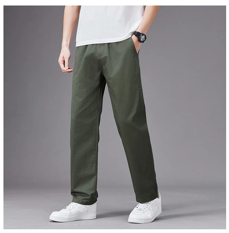 Big Size Casual Pants Men Elastic Waist Straight Leg Fit Summer Trousers Male Loose Cotton Work Wear Plus Large 6XL Khaki Light