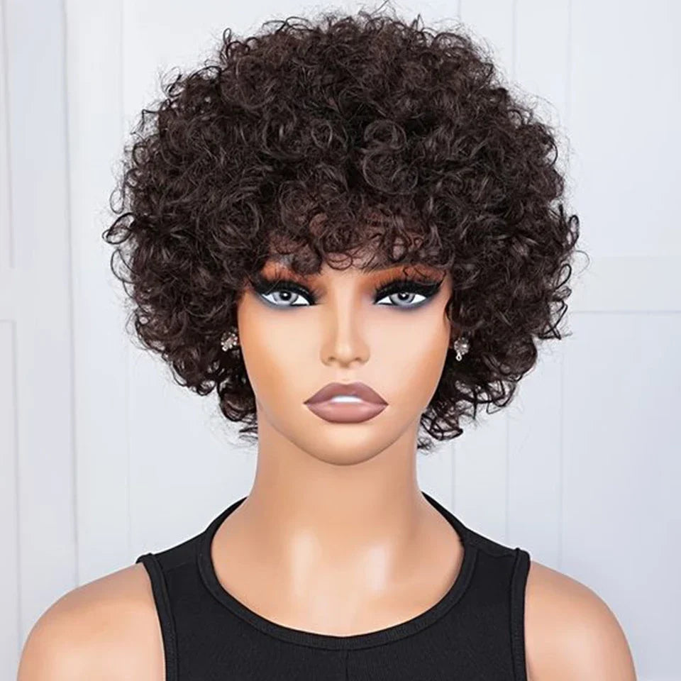 Brazilian Short Bob Pixie Afro Kinky Curly Wigs With Bangs For Black Women Natural Brown 99J Full Machine Made Human Hair Wigs