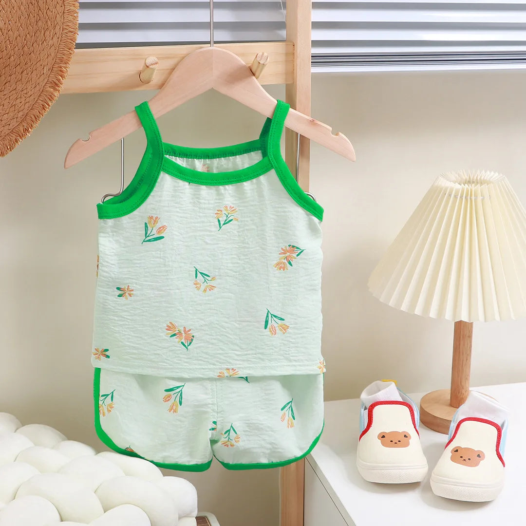 Summer Children Sling Shorts Set Fashion Flower Girls Kids Thin Breathable Pajamas Cute Cartoon Baby Toddler Home Clothes