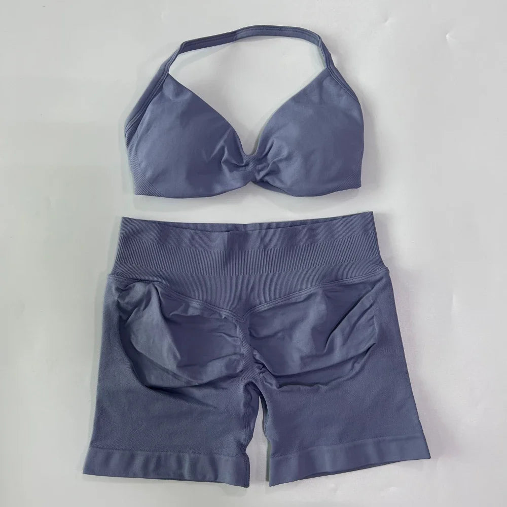 NO LOGO 2PCS Gym Set Women Strappy Yoga Bra Top High Waist Workout Scrunch Shorts Sports Suit Seamless Yoga Set Fitness Clothes