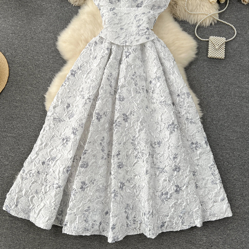 Court Style Elegant Long Dresses for Women Jacquard O-neck Short Sleeve A-line High Waist Vestidos Mujer Frenchic Dress Dropship