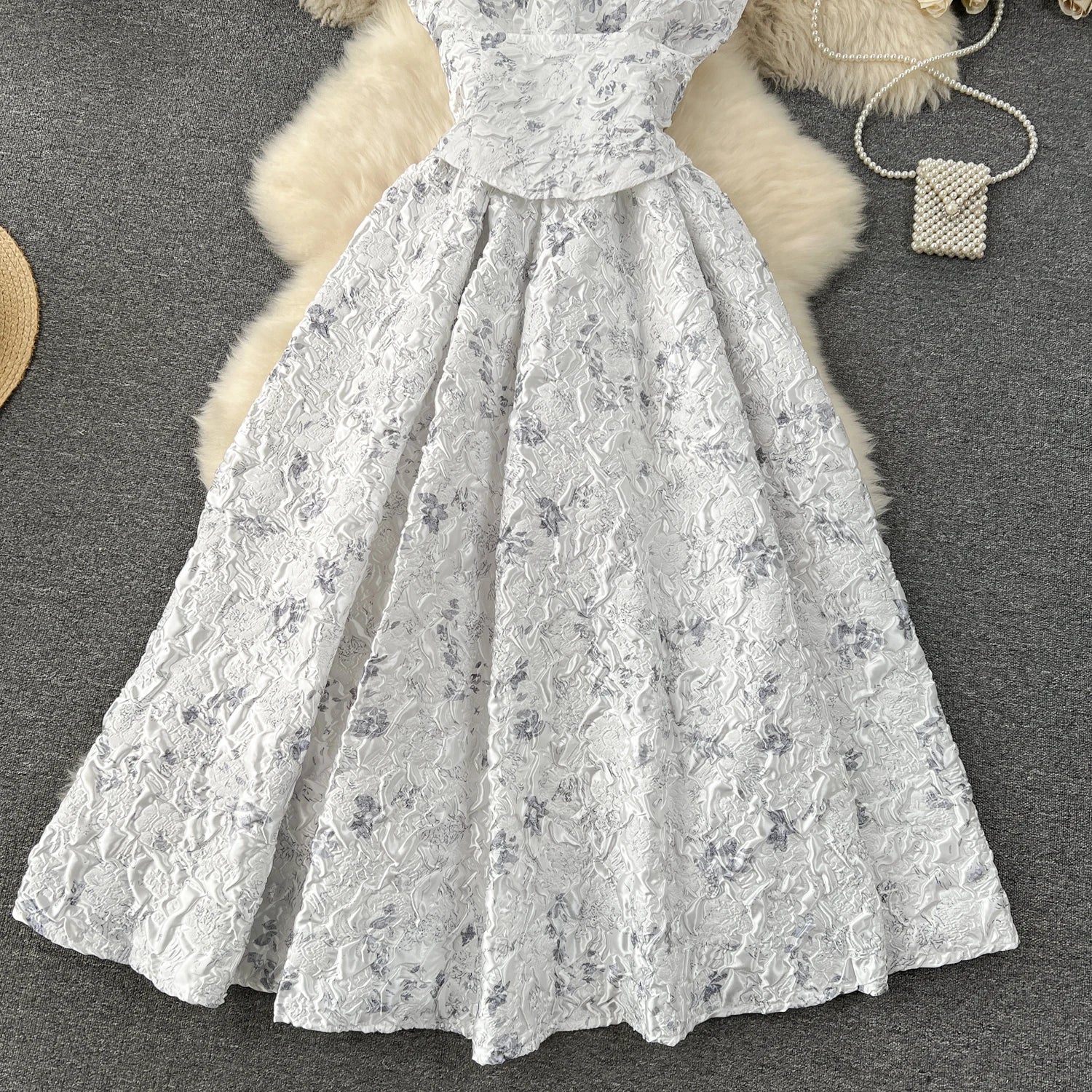 Court Style Elegant Long Dresses for Women Jacquard O-neck Short Sleeve A-line High Waist Vestidos Mujer Frenchic Dress Dropship