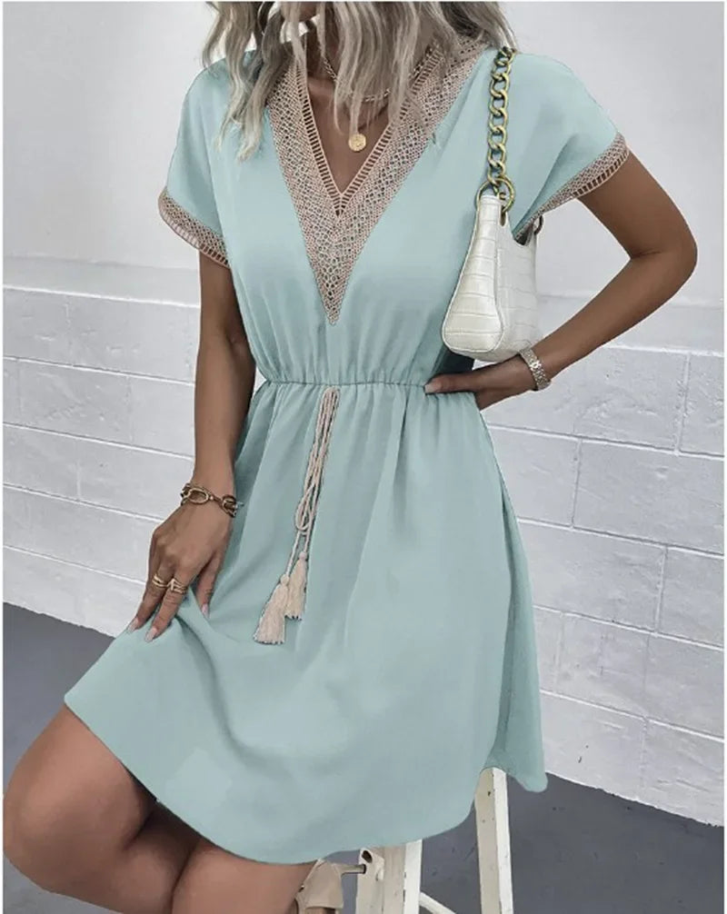 Summer Solid Short Sleeve Lace V Neck Waistband Female Beach Midi Short Dress Elegant Women's Sweet White Solid Color Dresses