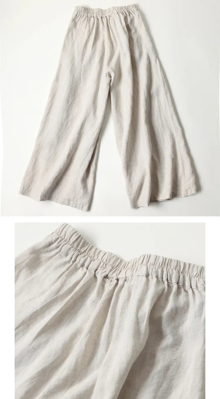 2026 Summer Women's Culottes Cotton Linen Cropped Wide Leg Pants Elastic Waist Casual Palazzo Trousers with Pockets