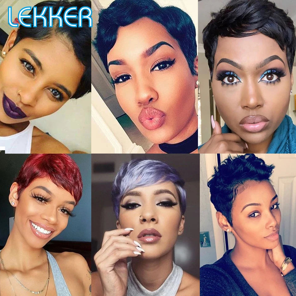 Lekker Black Short Pixie Cut 13X1 C Part Lace Front 100% Human Hair Wigs For Women Glueless Brazilian Remy Hair Straight Wigs